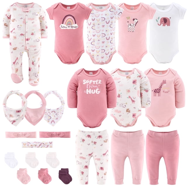 The Peanutshell Layette Gift Set for Baby Girls, Safari Rainbow, 23 Essential Pieces, 6-9 Months, Pink