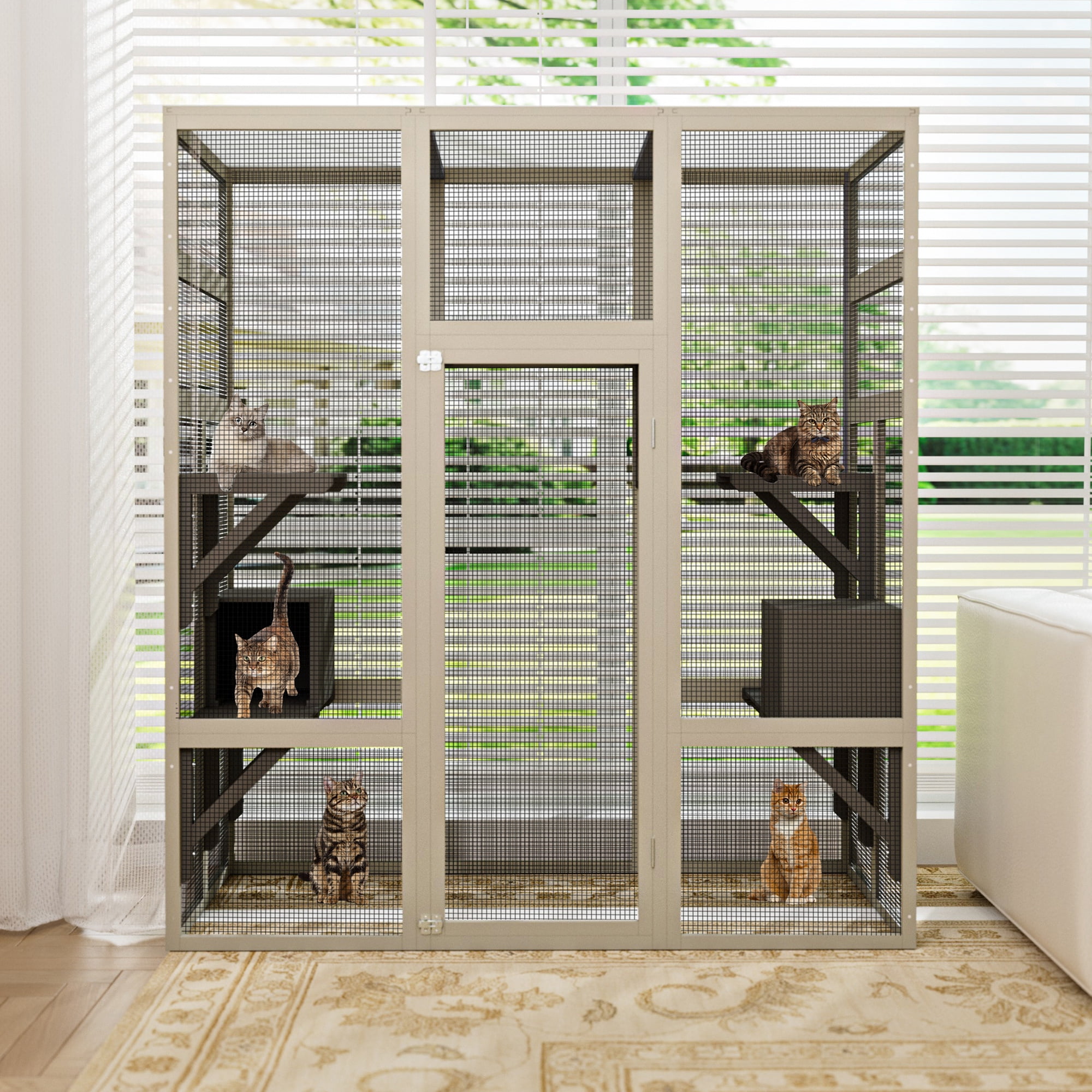 Catio Outdoor Cat Enclosure, large Indoor Wooden 70" Cat House cage with Waterproof Roof & Window Door for Multiple Cats, 2 Napping Houses & 5-Tier Playing Platforms, Gray