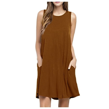 

LWZWM Women s Summer Boho Floral Print Dress Flowy Beach Dress Sleeveless Crew Neck Pockets Above Knee Party Gifts for Friends Female Birthday Gifts Coffee S