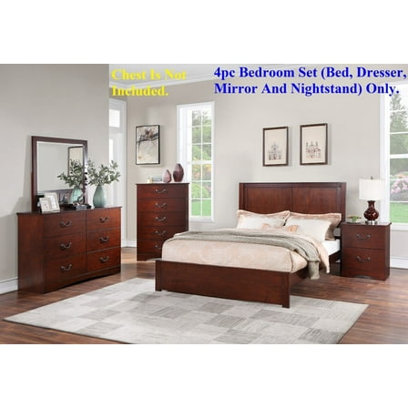 Simple Transitional Brown Finish 4pc Bedroom Set Queen Size Bed Dresser Mirror Nightstand Wooden Furniture