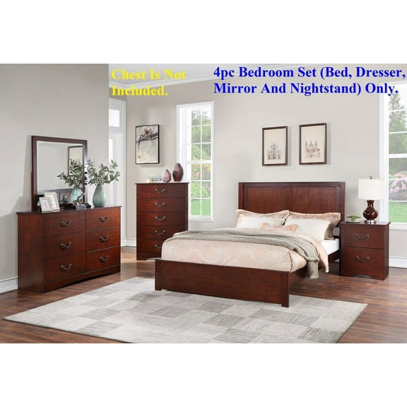 Simple Transitional Brown Finish 4pc Bedroom Set California King Size Bed Dresser Mirror Nightstand Wooden Furniture