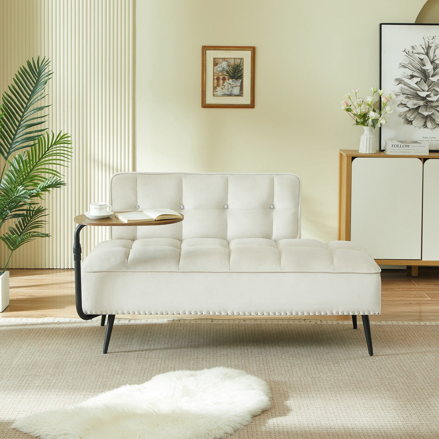 54-Inch Modern 2 Seater Velvet Sofa with 360 Rotating Side Table, Upholstered Couch with Nailhead Trim for Living Room Bedroom Apartment, Beige