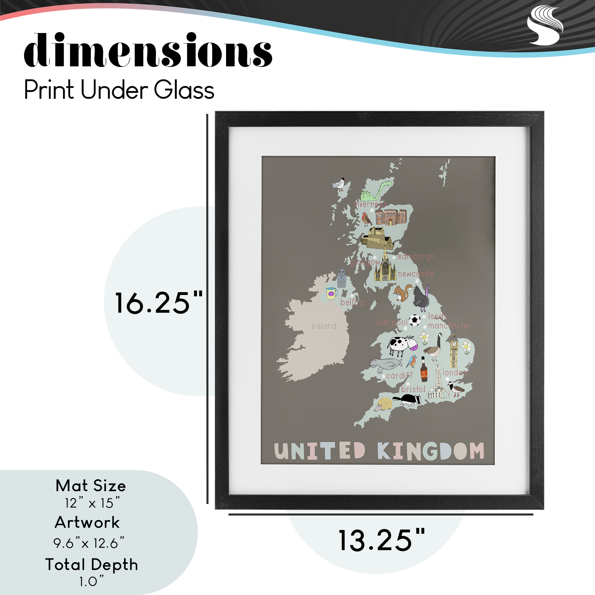 Kid's Map of United Kingdom Black Framed Print Under Glass, design by Carla Daly