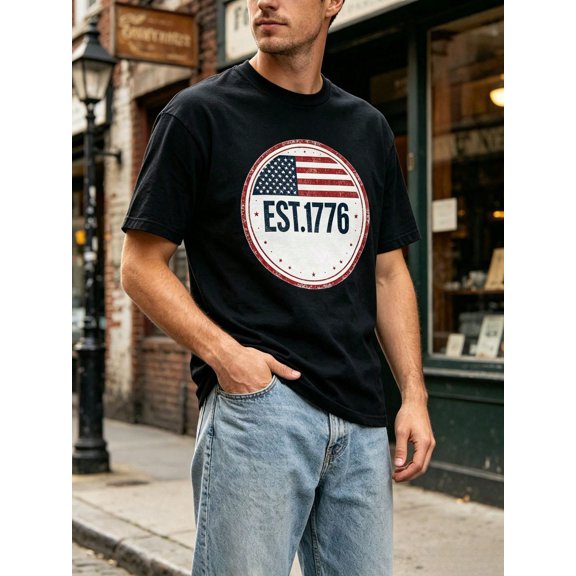 Vintage American Flag Est 1776 Graphic Print Casual Streetwear Unisex Adult Summer Holiday Gift Cotton Men's Women's Tee Shirt