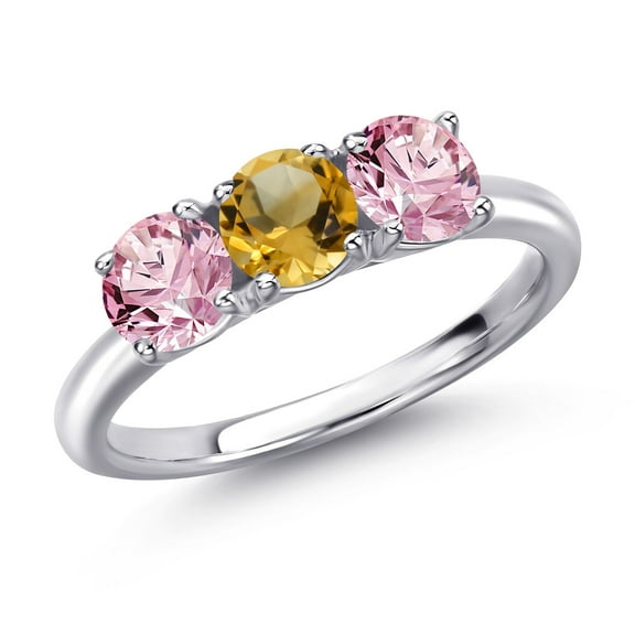 Gem Stone King 925 Sterling Silver Yellow Citrine and Pink Lab Grown Diamond Engagement Ring for Women | 1.45 Cttw | Round 5MM | Gemstone November Birthstone | Size 9