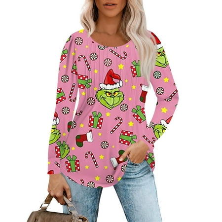 

Women S Grinch Christmas Print Fashion Long Sleeve Shirt Round Neck 2024 New Casual Creative Grinch Pullover Top Women New Autumn And Winter Grinch Chrimas Shirt