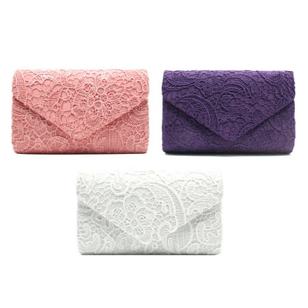 Women s Elegant Flower Lace Evening Dress Clutch Envelope Ball Handbag Wedding Wallet - White+Purple+Coral Red