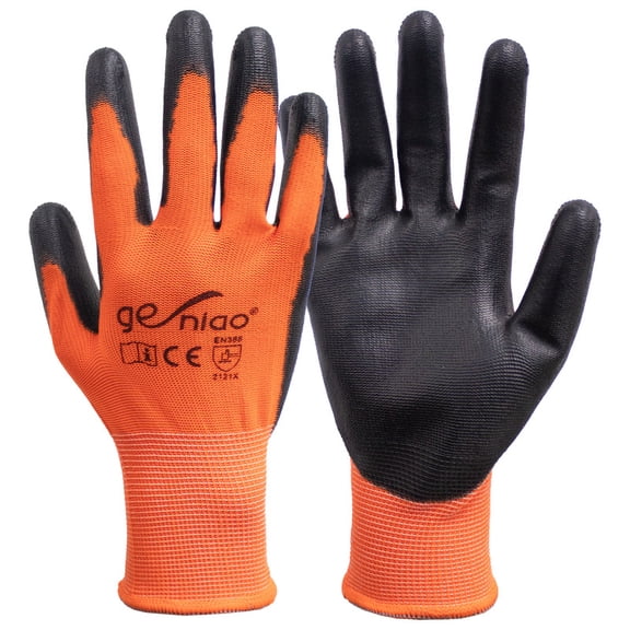 Work Gloves for Men Women PU Coated , Breathable Lightweight Safety Gloves with Anti-Slip Grip for Warehouse, Construction, Gardening,Mechanic,General Work 12pairs Orange L