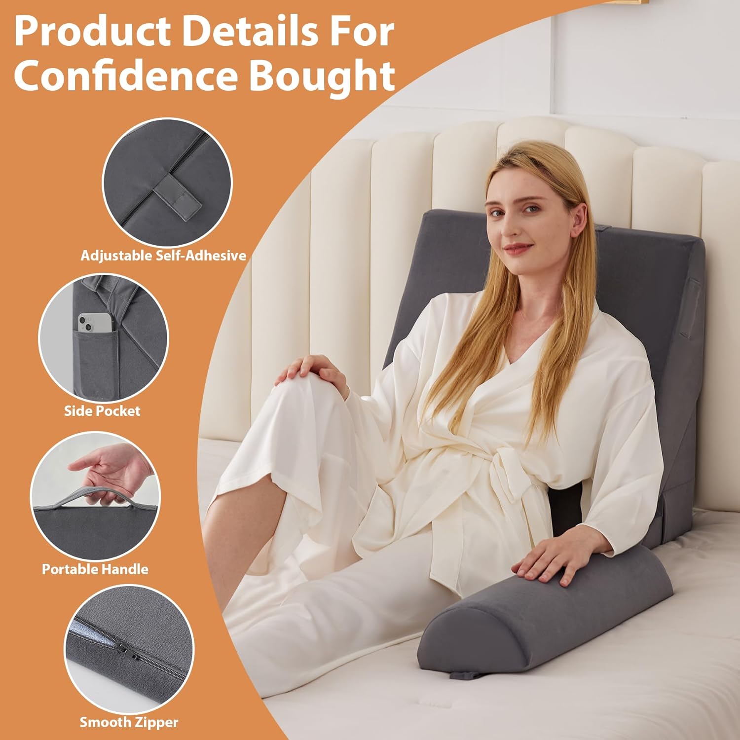 Adjustable Memory Foam Wedge Pillow Set for Sleeping, Acid Reflux & Post-Surgery Support, Orthopedic Bed Wedge for Neck and Back, 9 & 12 Inch, White/Grey