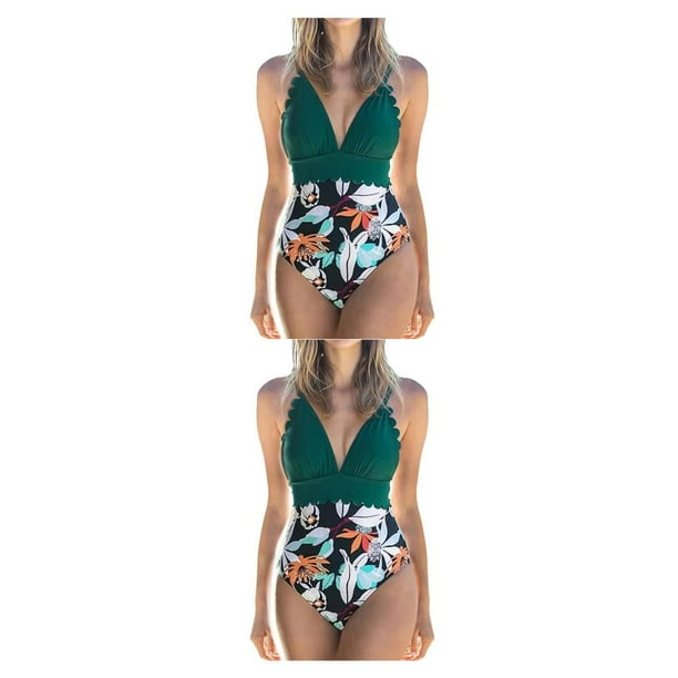 Traje de baño Eigraketly sin mangas acolchado verde + Flor negra L