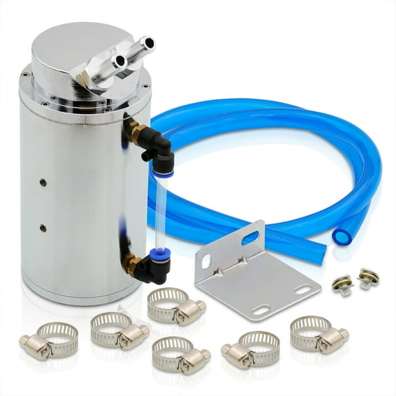 AJP Distributors AL6061-T6 Billet Aluminum Cylinder Round 350ML Engine Motor Oil Catch Can Reservoir Tank Case Hose Hardware Internal Breather Foam Kit Silver Compatible/Replacement For Universal Car