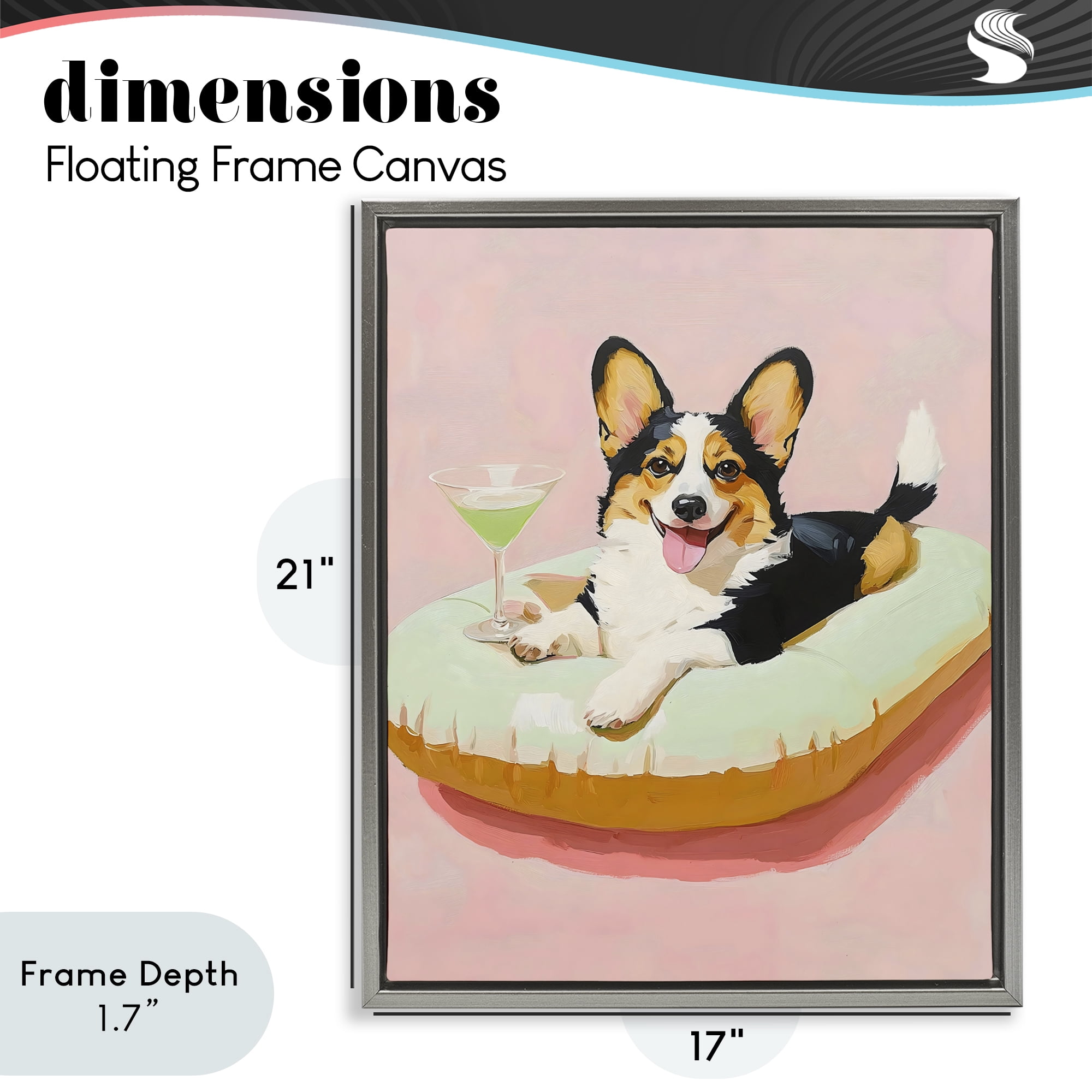 Stupell Industries Pastel Corgi with Cocktail Gray Framed Floater Canvas Wall Art, design by The Prints Vibe