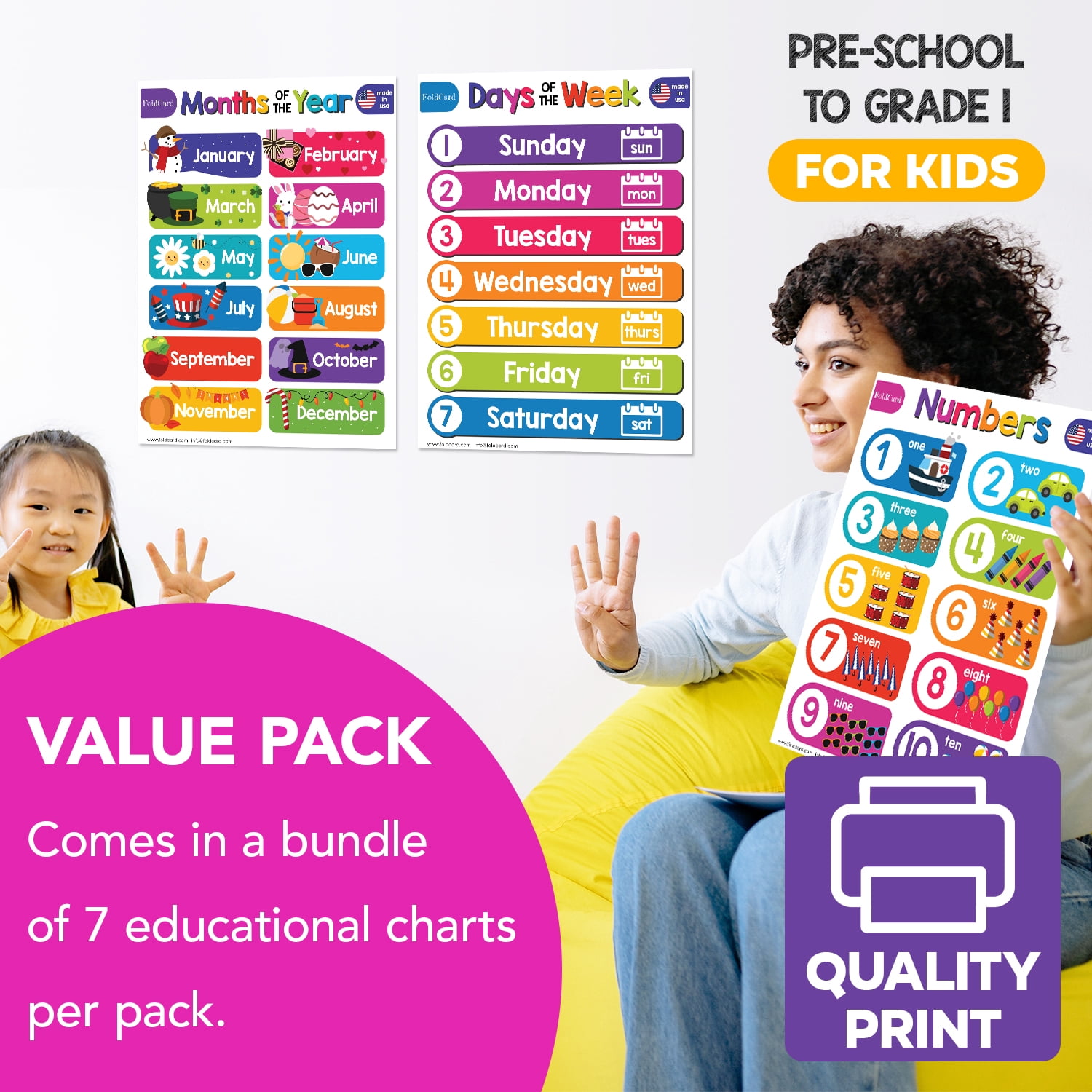 Beginner Bundle – 7 Educational Posters for Kids – Classroom and Homeschool Learning Chart Decorations and School Supplies Materials, Preschool to Grade 3 | Durable, Glossy Cardstock | 8.5" x 11"