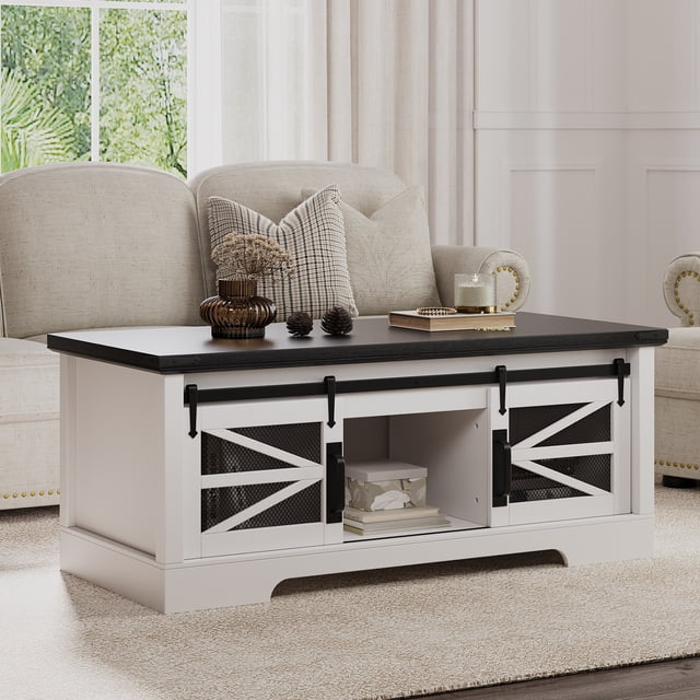 47.2 Inch Rustic Farmhouse Coffee Table with Pop Up Workstation, Sliding Barn Door Cabinet and Hidden Storage Compartment, Adjustable Shelf Center Console for Living Room Home Office Entryway