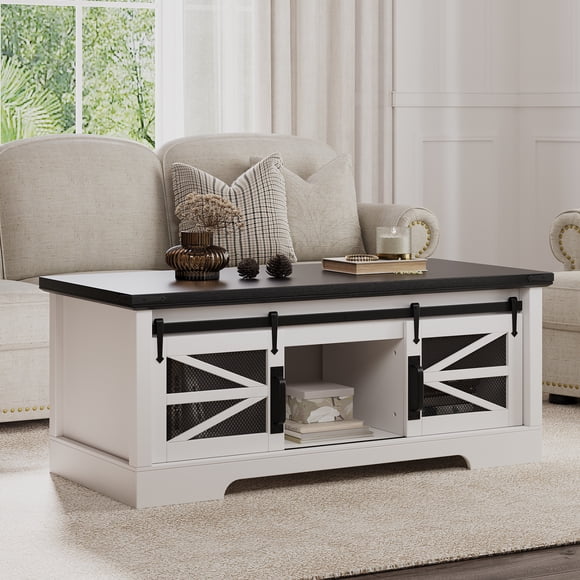 Gaderth Lift Top Coffee Table With Storage, 47.2 Inch Farmhouse Coffee Table, Sliding Barn Door, Hidden Compartment, Adjustable Shelf, Rising Tabletop For Living Room Dining Work