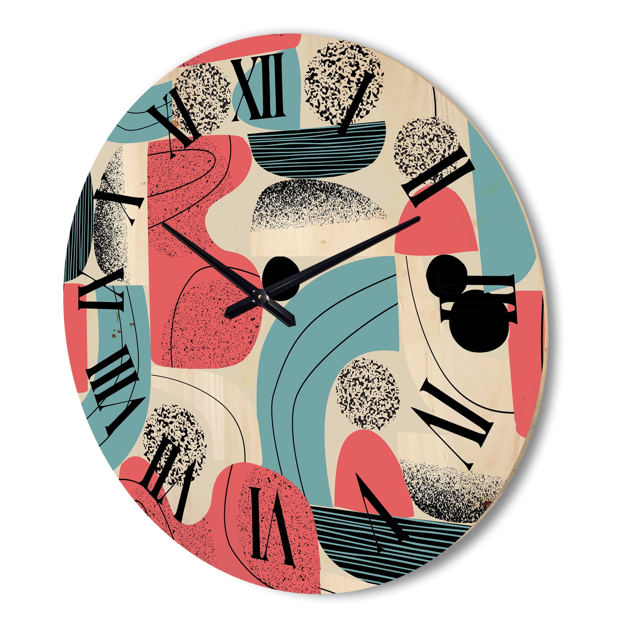 Designart 'Retro Shapes With Abstract Moons and Suns III' Modern Wood Wall Clock