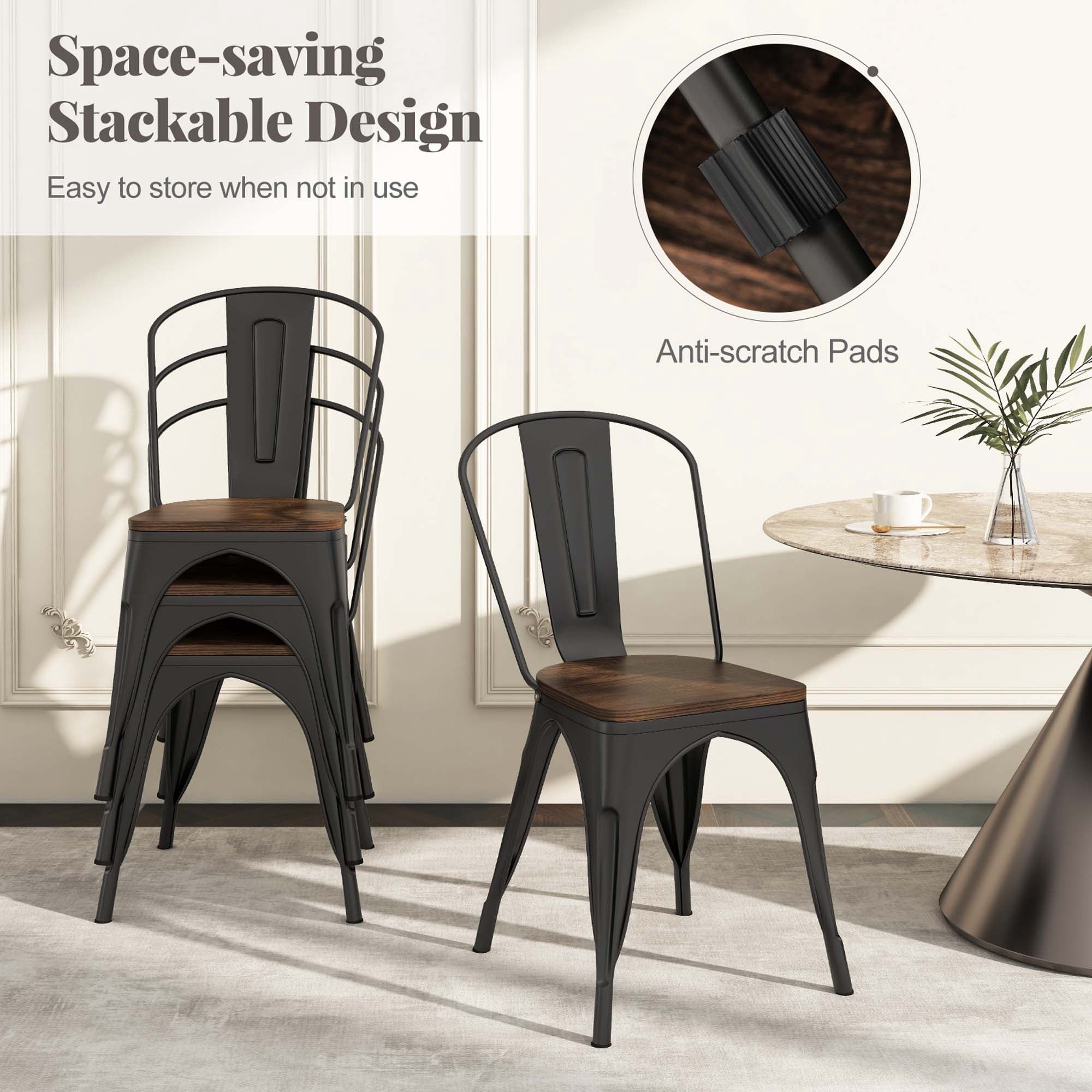 Gymax Tolix Style Metal Dining Chairs Set of 4 w/ Wood Seat & Removable Backrest Black