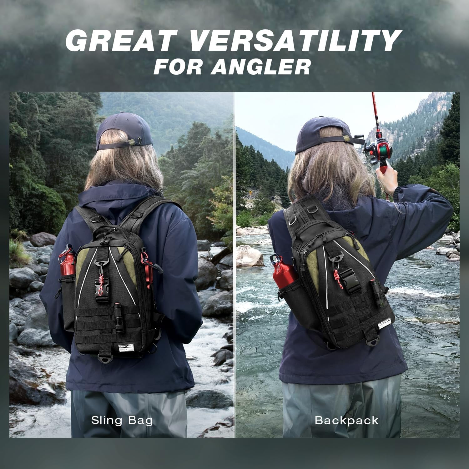 Fishing Nylon Backpack Tackle Sling Bag Backpack with Rod Holder Gift for Mother Fathe Lightweight Fishing Backpack Storge Fishing Gear and Equipment