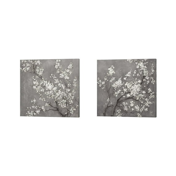 Metaverse Danhui Nai 'White Cherry Blossoms on Grey Crop' Canvas Art (Set of 2)