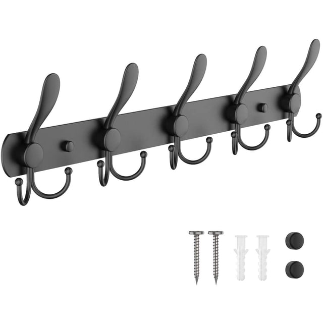 Perchero de pared triple negro, 5 robustos ganchos de acero inoxidable para colgar la capa, sombrero, monedero, llaves, albornoces para baño de entrada interior