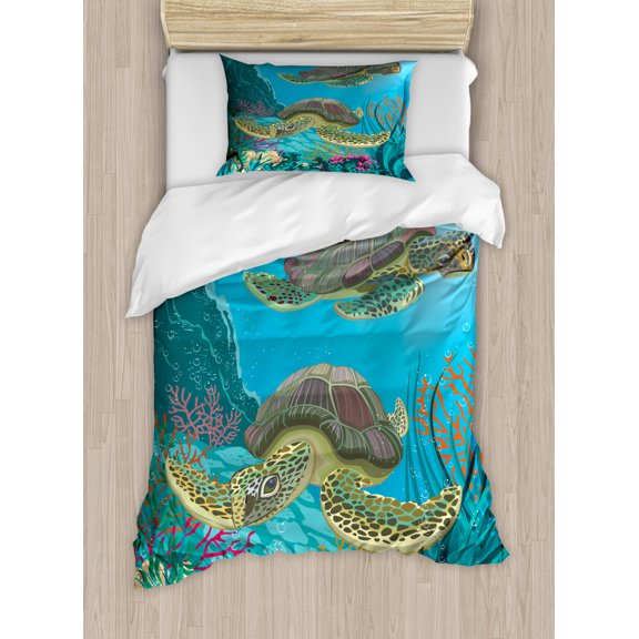 Sea Animals Duvet Cover Set Twin Size, Illustration of Two Sea Turtles Swimming Underwater Aquatic Wildlife Colorful, Decorative 2 Piece Bedding Set with 1 Pillow Sham, Multicolor, by Ambesonne