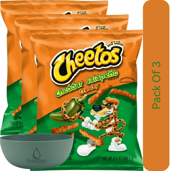 Cheetos Cheddar Jalapeño Crunchy Cheese Puff Snacks, 8.5 oz Bag With Olive Green Bowl By ValueNest