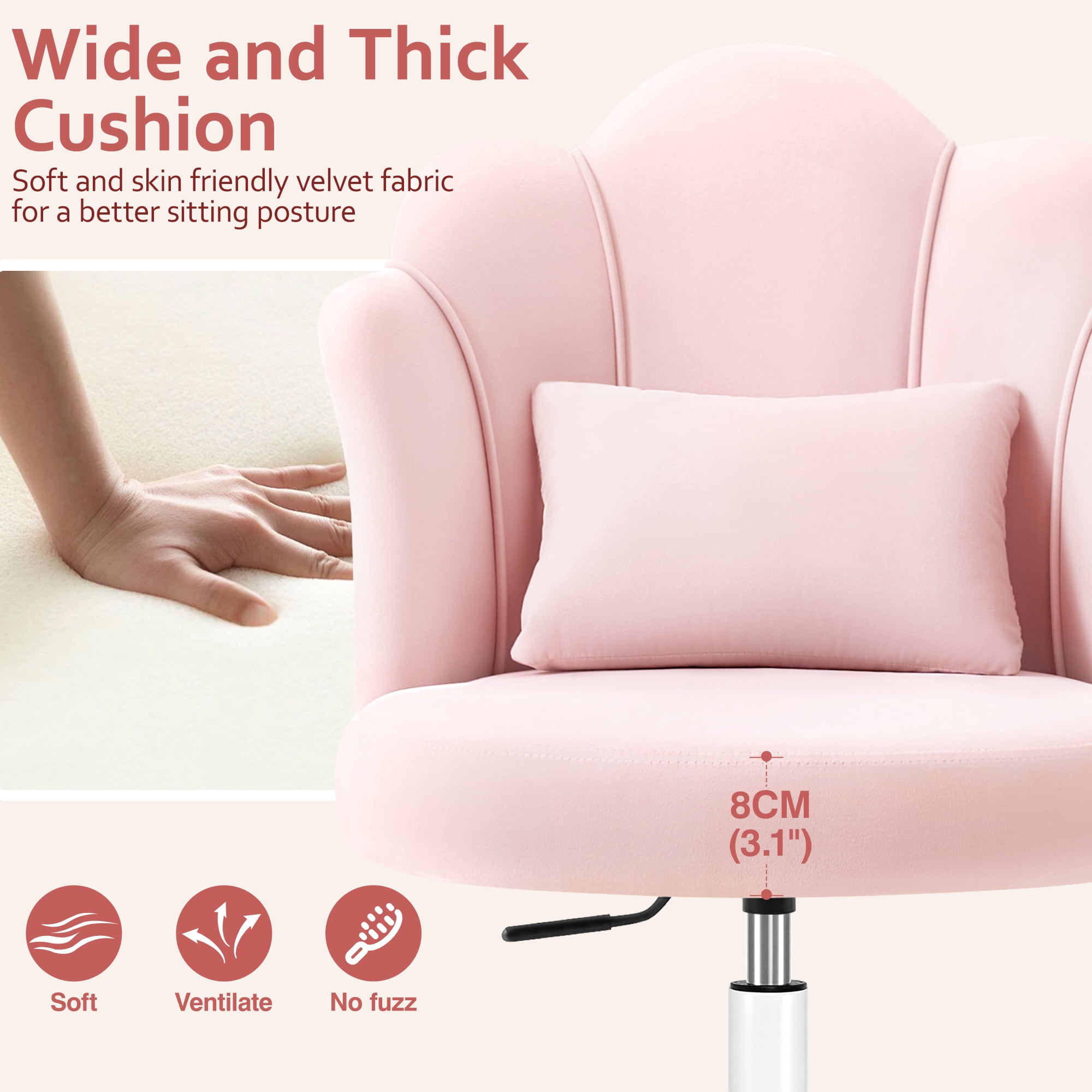 COOLHUT Vanity Chair, Velvet Petal Vanity Makeup Chair with Lumber Support, Home Office Desk Chair with Wheels, Height Adjustable Computer Work Chair for Bedroom, Living Room, Pink