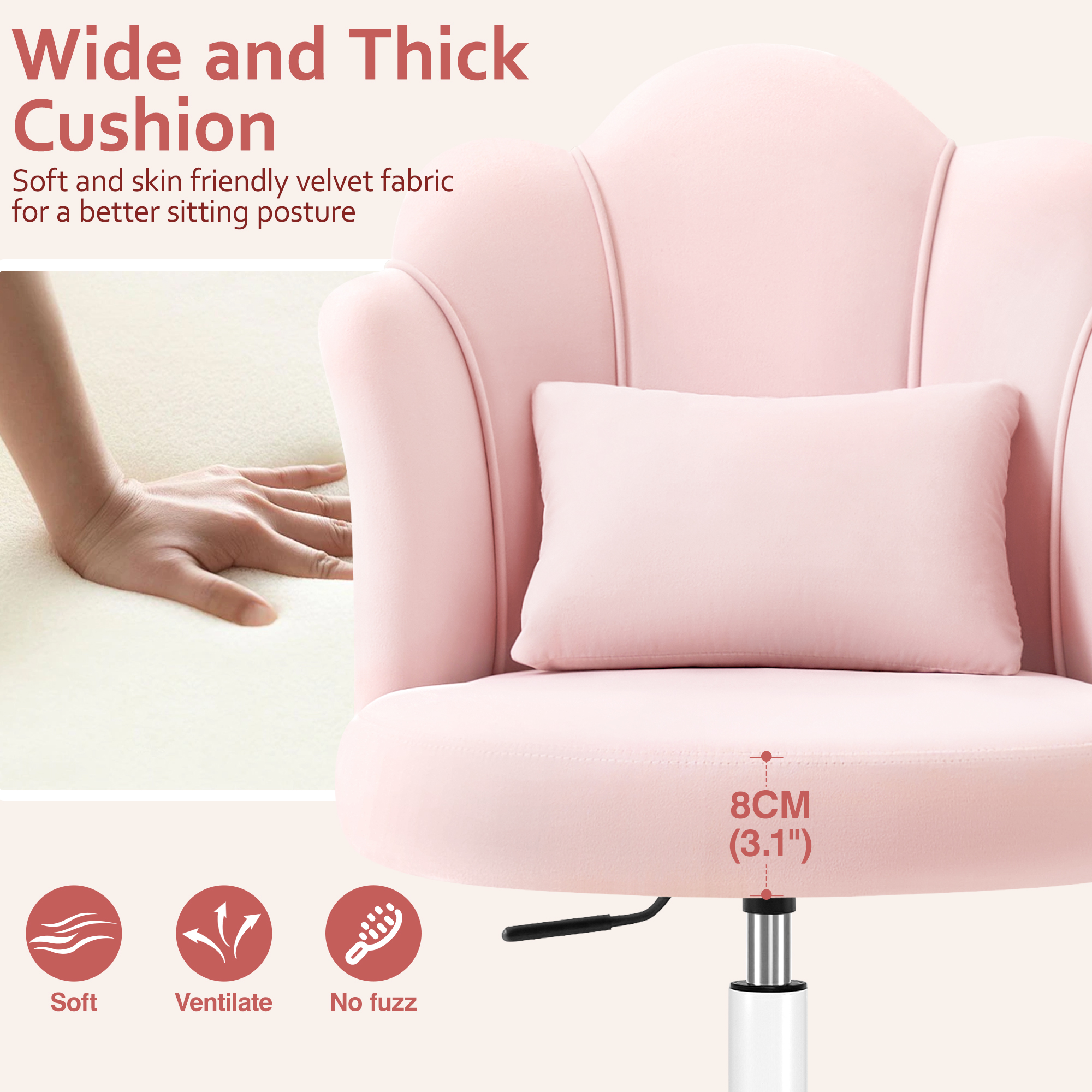 Coolhut Velvet Vanity Chair with Wheels, Pink photo 4