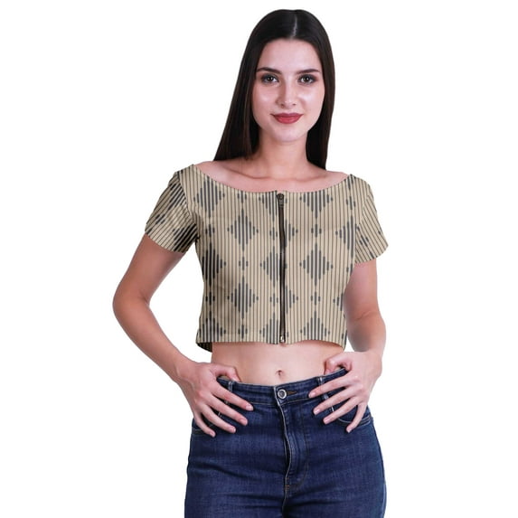 Moomaya Boat Neck Zipper Top Short Sleeve Viscose Jersey Crop Tops For Women