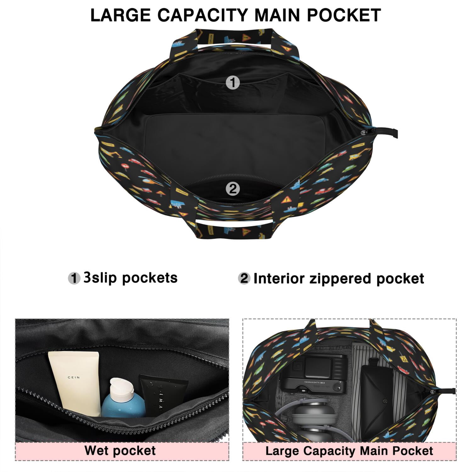 Cartoon Traffic Vehicles Signs Black Pattern Travel Tote Bags for Women Carry On,Large Weekender Bags for Women Travel,Multi Functional Duffle Bag for Work,Shopping,Sports