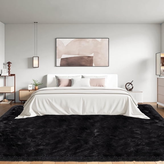 Jingle bears 8x10 Area Rug Black Fuzzy Washable Faux Sheepskin Fur Rug Large Rug for Living Room Bedroom Rectangle