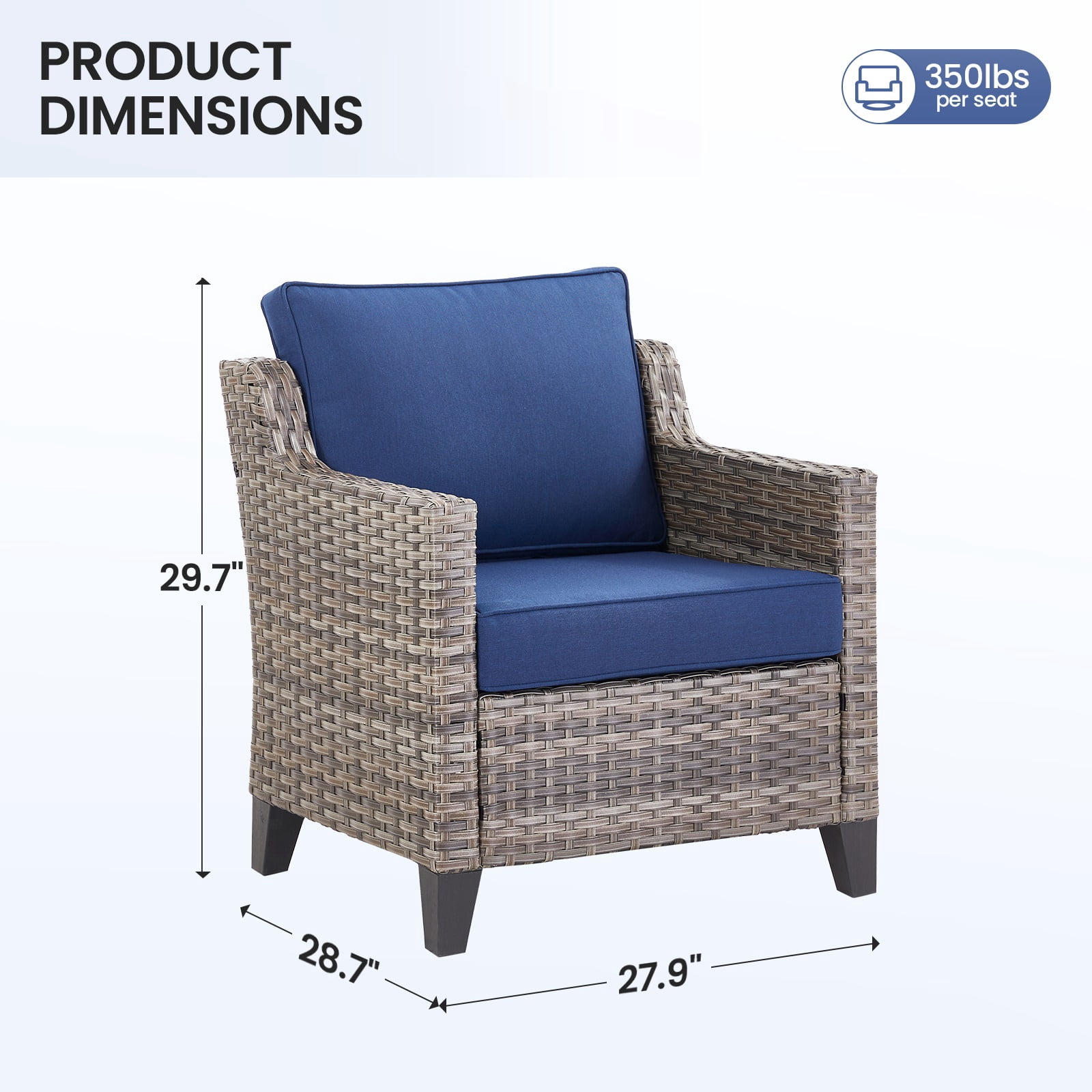 Hommoo 2-Piece Outdoor Patio Arm Chairs, Gray Wicker Furniture Patio Lounge Chairs Set of 2, for Porch, Poolside, Deck, and Yard, Blue