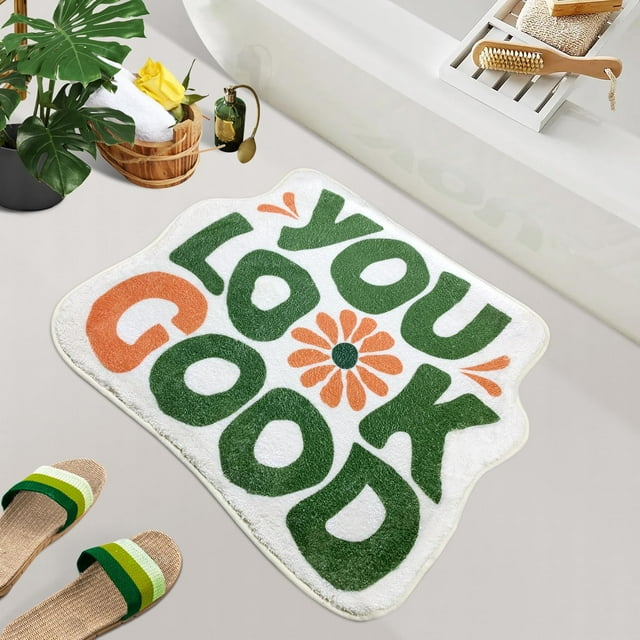 SHIYUE You Look Good Bath Mat Cute Funny Flower Bathroom Rug, Soft Absorbent Water Non Slip, Superior Washable Microfiber Cool Shower Preppy Decor Rug (Green Orange 21"x25")
