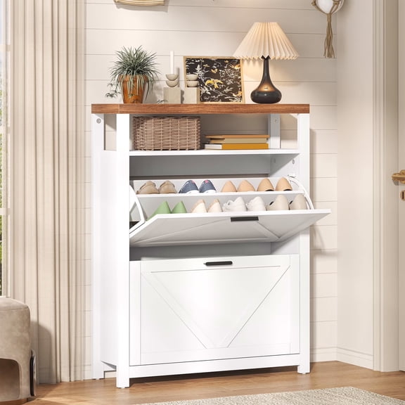 Cikuso Shoe Storage Cabinet with 2 Flip Doors, Living Room Cabinet with Adjustable Storage Shelves, Narrow Wooden Shoe Rack for Entryway, White