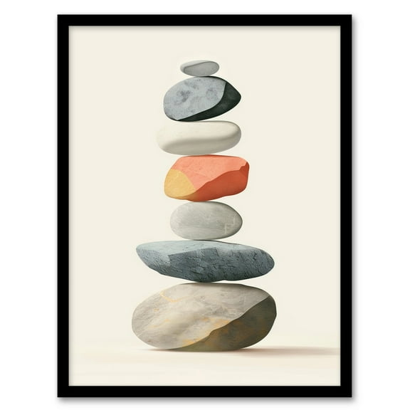 Artery8 Stacked Rock Cairn Bright Vertical Boho Design Living Room Art Print Framed Poster Wall Decor 12x16 inch
