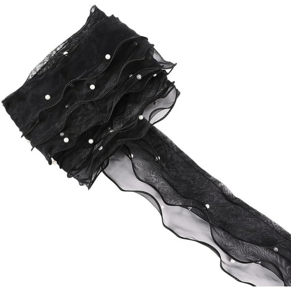 4.53 Inch Black Ribbon with Pearls Layered Pleated Edge Chiffon Ruffle Organza Trim Wide Pearl Ruffled Lace Sheer Fabric Applique Trimming for Sewing Making Crafts Dresses Clothes Wedding