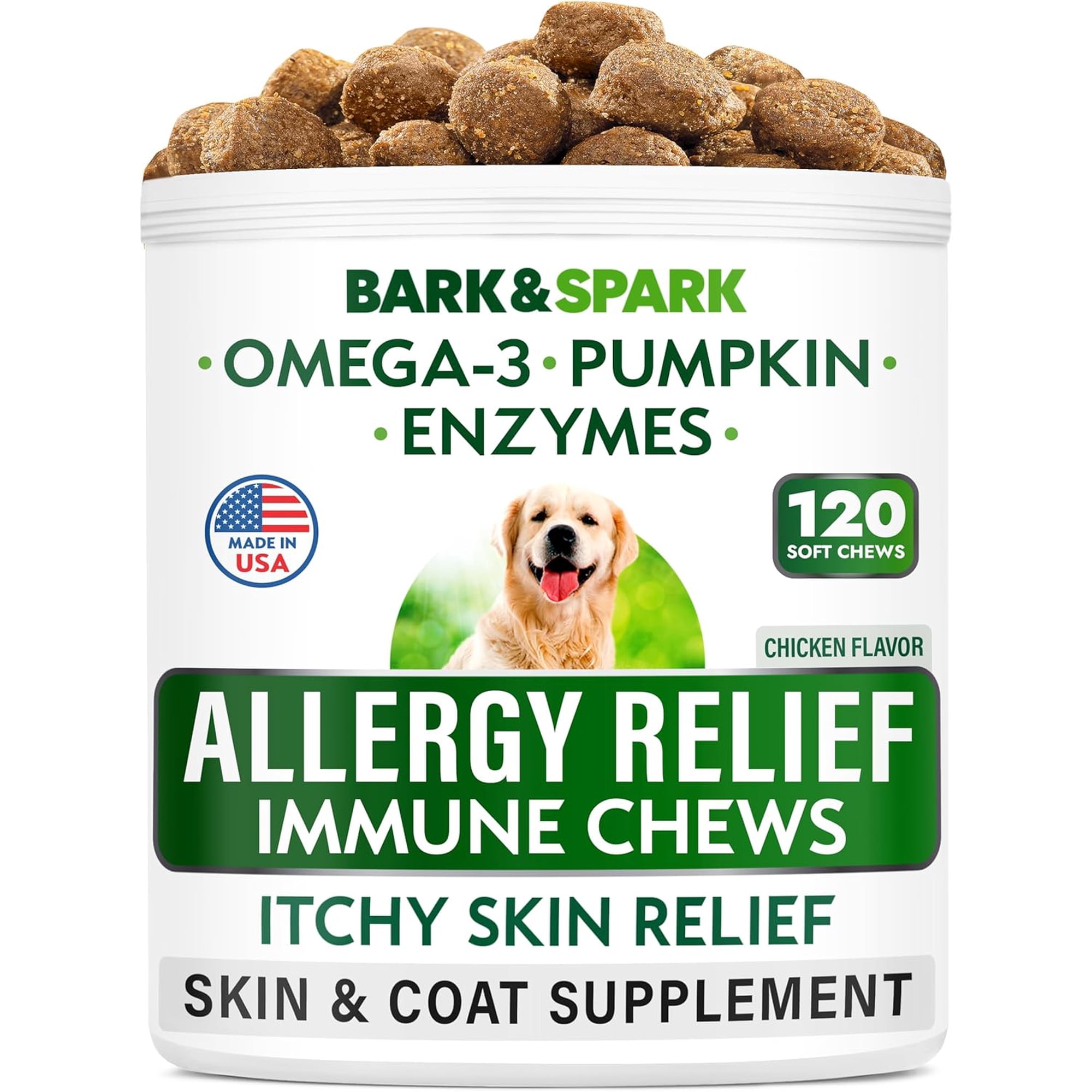 BARK&SPARK Dog Allergy Relief Chews - Omega 3 Fish Oil - Itchy Skin Relief - Itching & Paw Licking - 120ct - Chicken