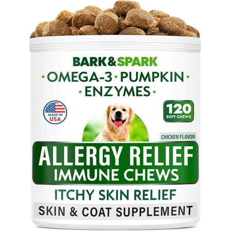 BARK&SPARK Dog Allergy Relief Chews - Anti-Itch Skin & Coat Supplement - Omega 3 Fish Oil - Itchy Skin Relief Treatment Pills - Itching&Paw Licking - Dry Skin&Hot Spots - (120 ct - Chicken)