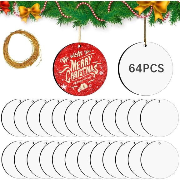 64 Pcs Round Sublimation Ornament Blanks, MDF Double Sided Sublimation Christmas Ornaments Blanks for Christmas Tree Decor DIY Crafts