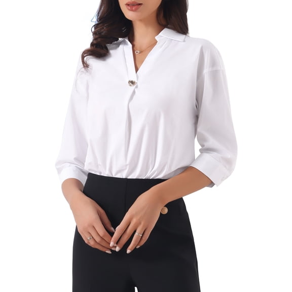 INSPIRE CHIC Business Casual Bodysuit Top for Women 3/4 Sleeve Collared Work Office Leotard Blouse Shirt XS White