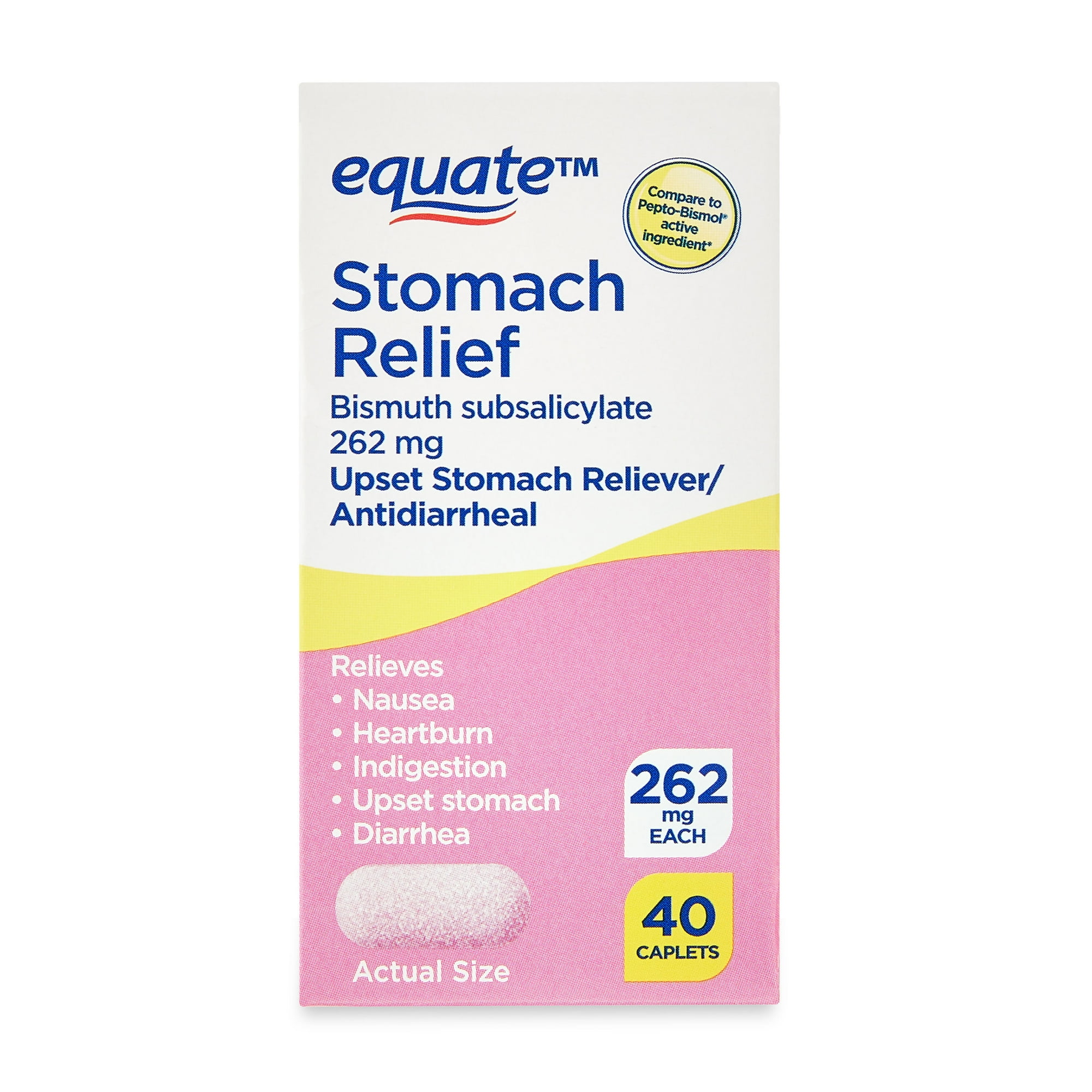 Equate Bismuth Subsalicylate Upset Stomach and Diarrhea Relief Caplets, 262mg, 40 Count