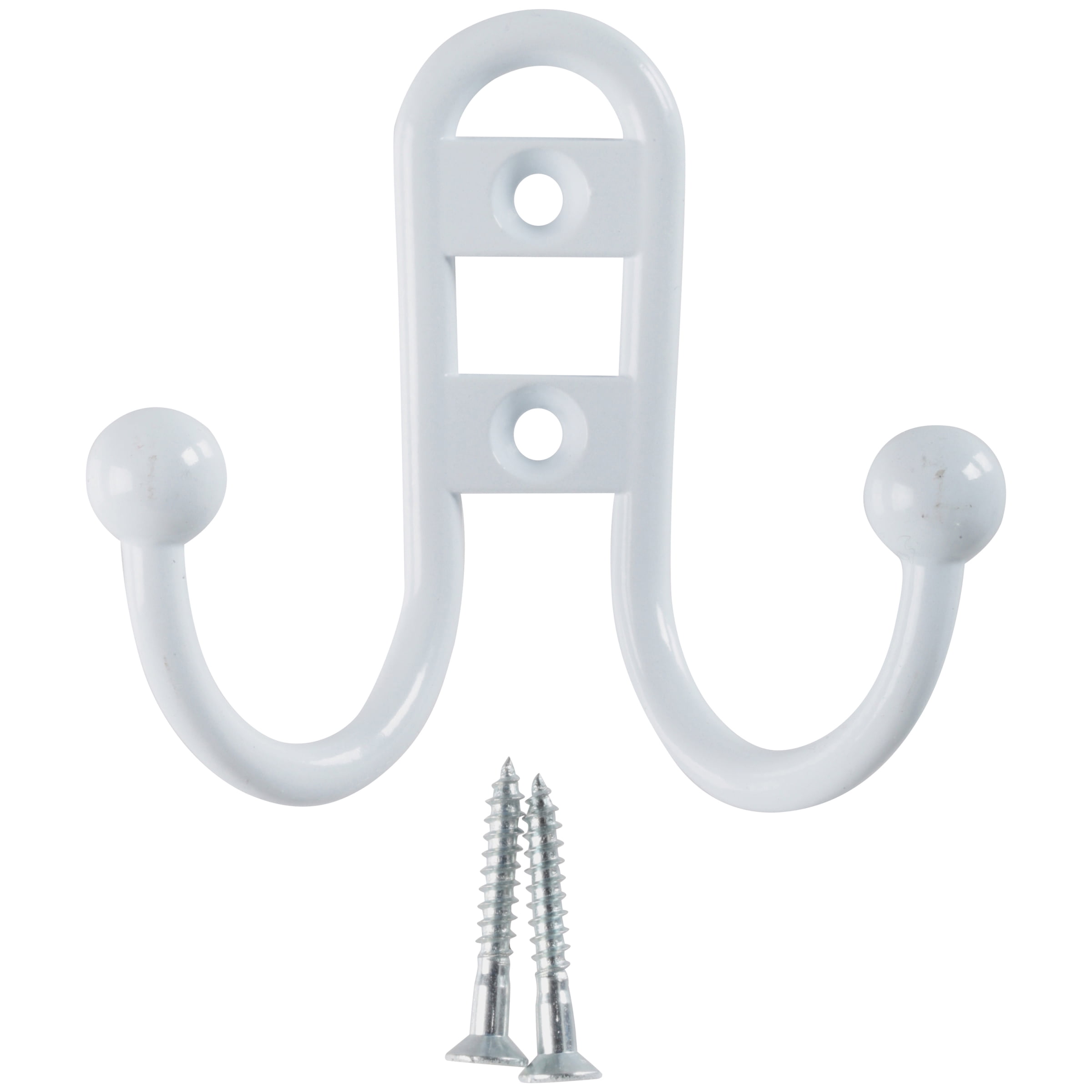 (2 pack) Mainstays, Double Hook White Metal Hooks, for Hanging Towels and Coats, 10 lbs Capacity, 1 Pc