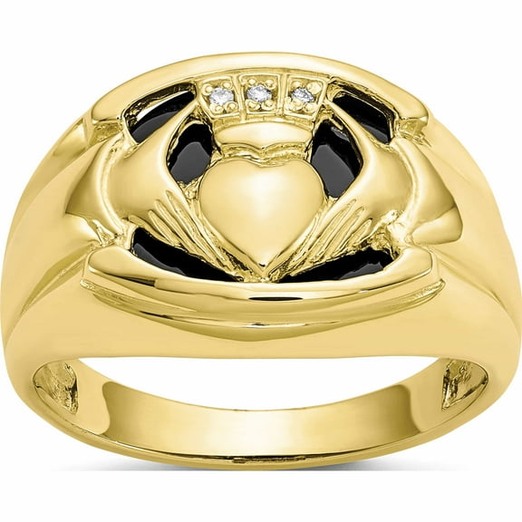 10K Yellow Gold Men's Diamond And Black Onyx Claddagh Ring (Size 10) Made In United States 10x160