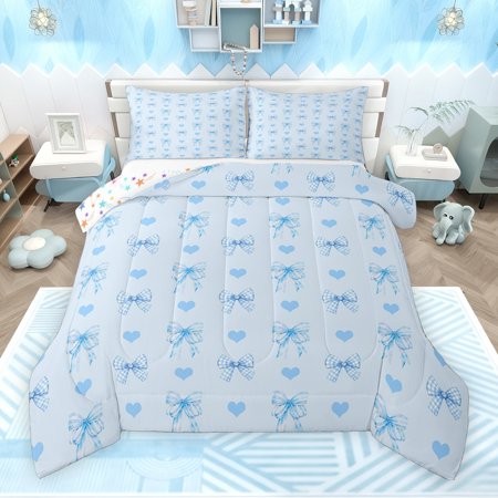 Feelyou Fashion Blue Ribbon Bedding Comforter Set for Teen Princess Plaid Bow-tie Twin Comforter Sets Cartoon Love Heart Reversible Bedding Set Ultra Soft Bedroom Decor 2 Pieces