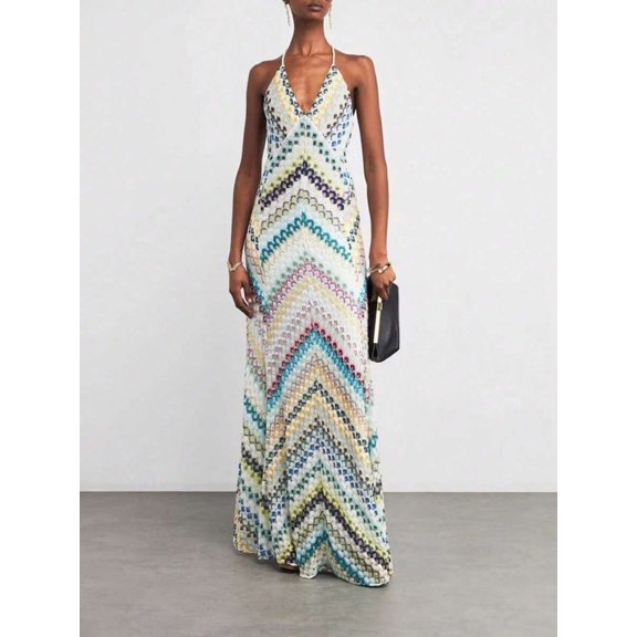 Green Multicolor Boho Maxi Dress With Spaghetti Straps Deep V Neck Sleeveless Form-Fitting Long Summer Dress