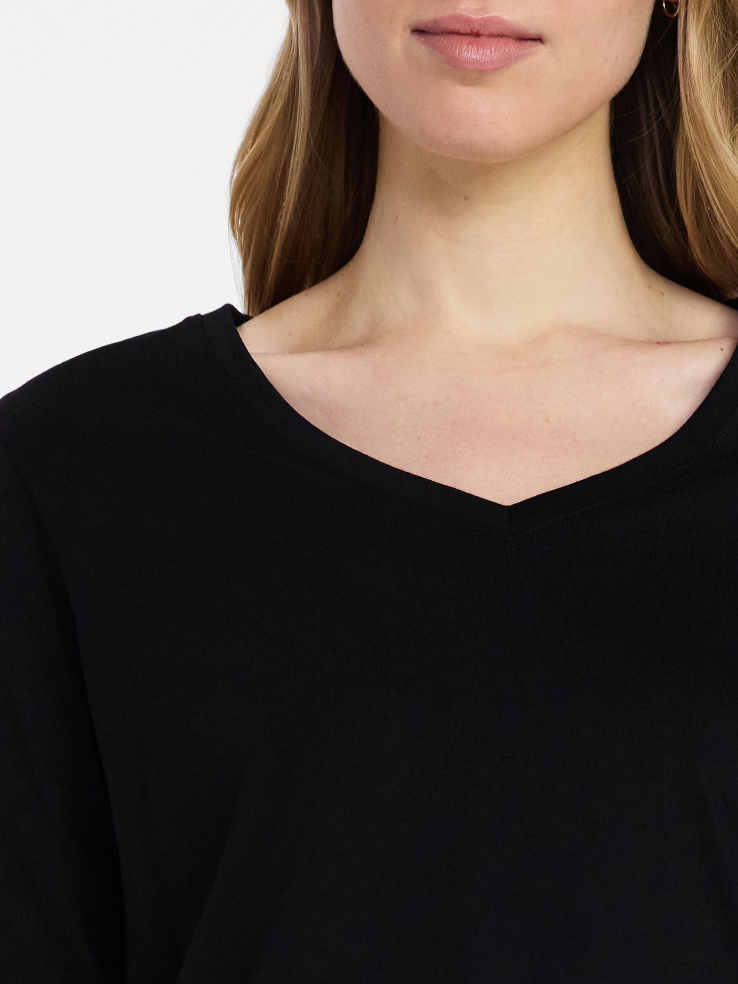 Time and Tru Women's Cotton V-Neck Tee with Long Sleeves, Sizes XS-XXXL