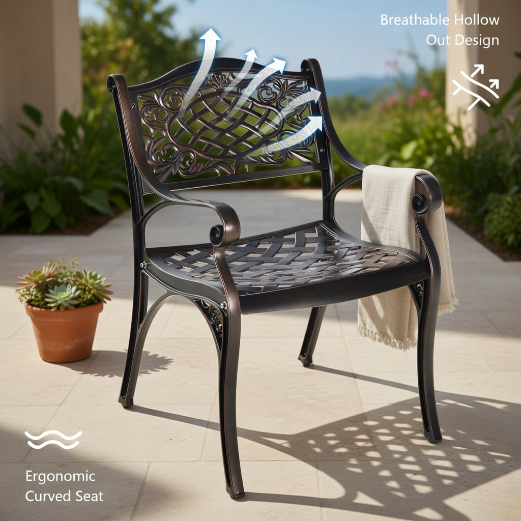 Hommoo 2-Pack Outdoor Cast Aluminum Dining Chairs with Ergonomic Armrests, Curved Breathable Seats & Adjustable Feet, Black