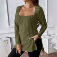 thumbnail image 2 of AherBiu Plus Size Tops for Women Square Neck Long Sleeve Ribble Knitted Side Slit Casual Loose Tunic Shirt Blouse, 2 of 8