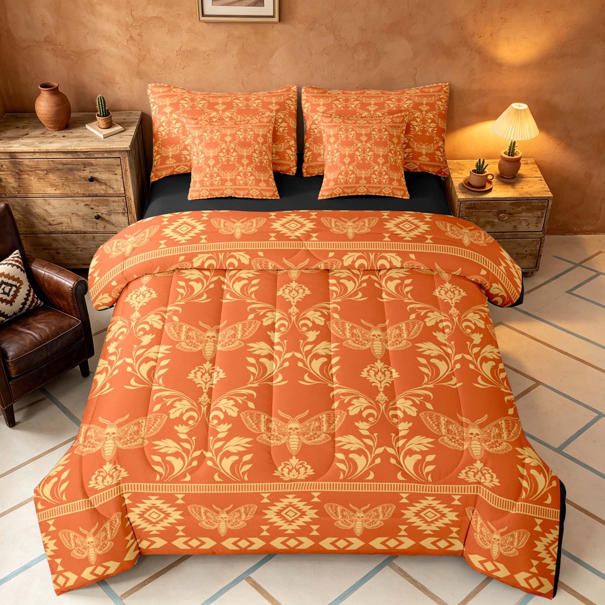 Manfei Boho Style Moth Damask Queen Bedding Tribal Geometric Bedding Comforter Set Queen Orange Beige Black Reversible 7-Piece