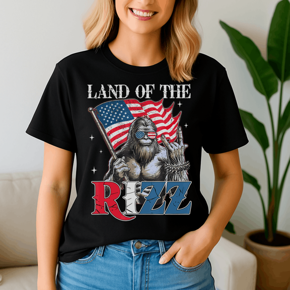 Land Of The Rizz Bigfoot Funny Patriotic 4Th Of July, Bigfoot Shirt,Bigfoot Lovers,Funny Tee
